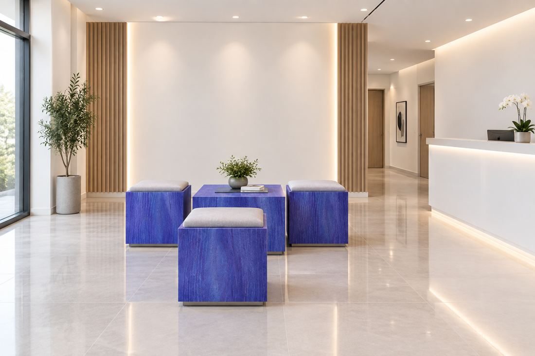 Mobilier d'accueil d'un hall d'immeuble en placage teinté bleu majorelle
