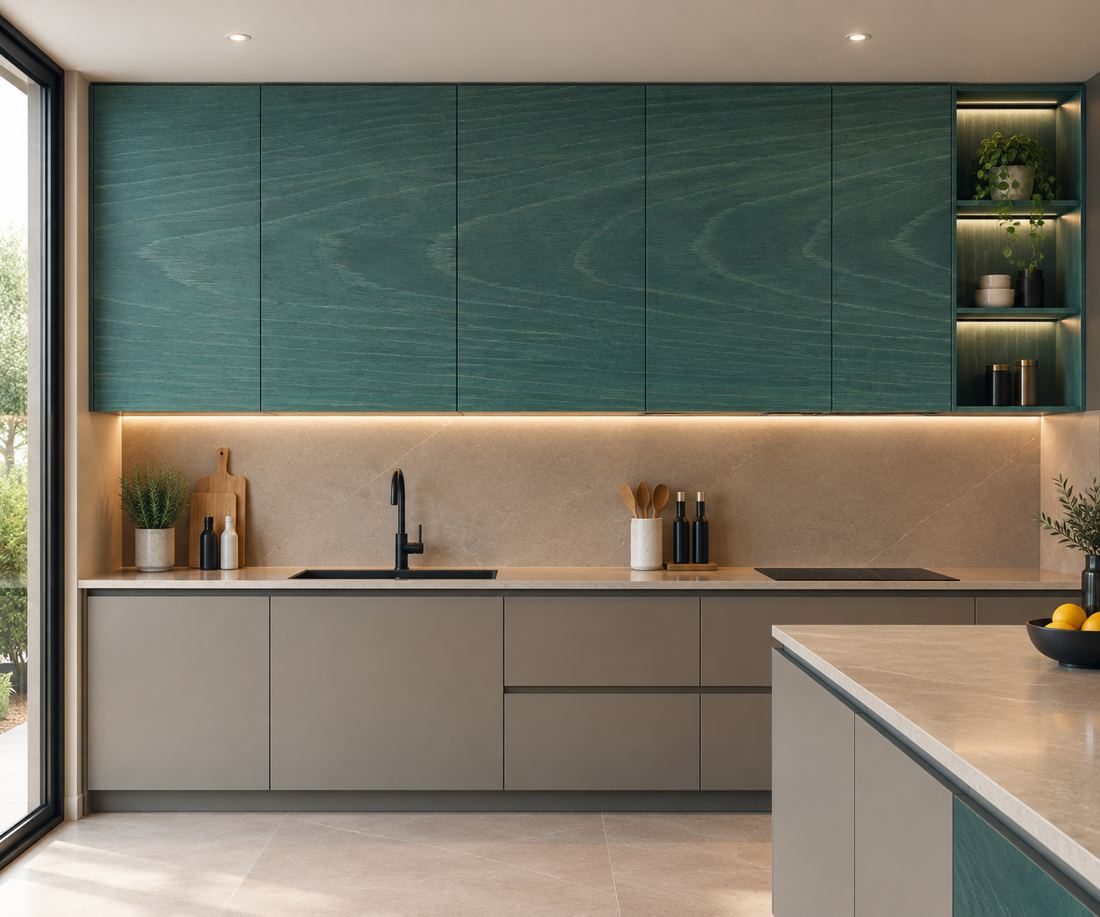 Façades de cuisine sur mesure en placage bois teinté vert canard