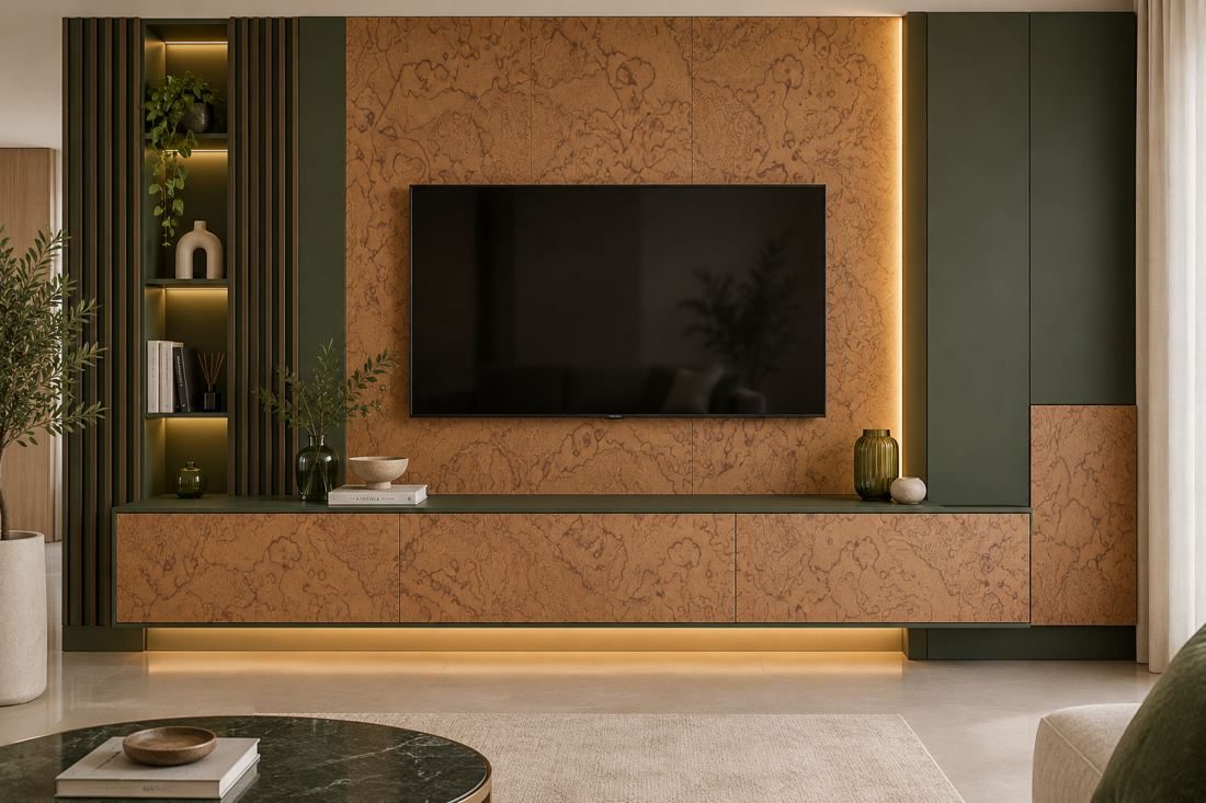 Habillage mural et meuble TV en placage teinté terracotta