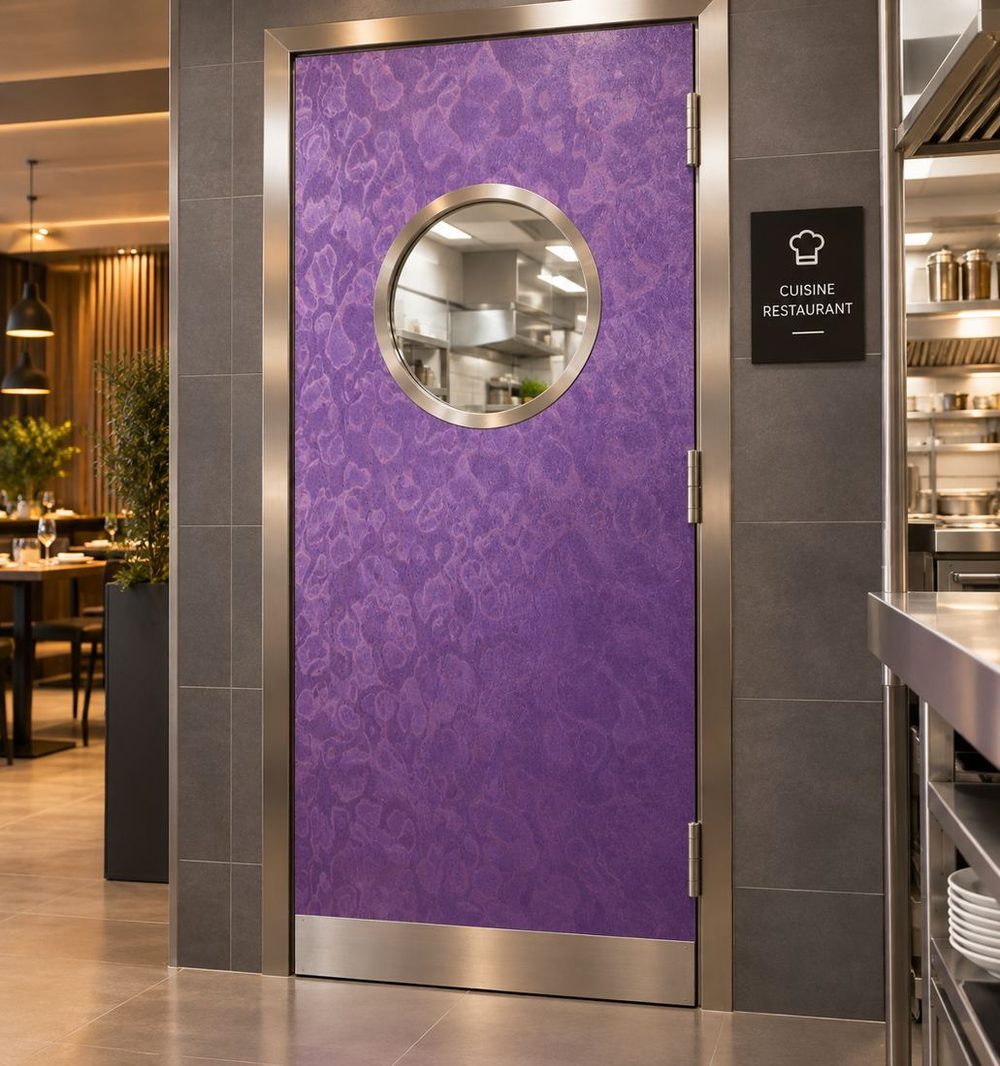 Porte de service de restaurant en placage bois teinté prune
